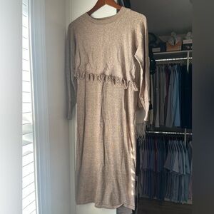 StitchDrop Tan Fringe Sweater Dress